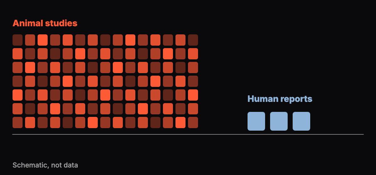 Abstract bar graphic showing many animal-study tiles on one side and very few human-report tiles on the other